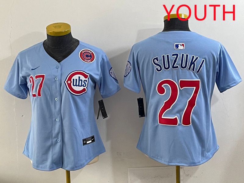 Youth 2025 Chicago Cubs 27 Suzuki Light Blue Game Nike MLB Jersey style 4